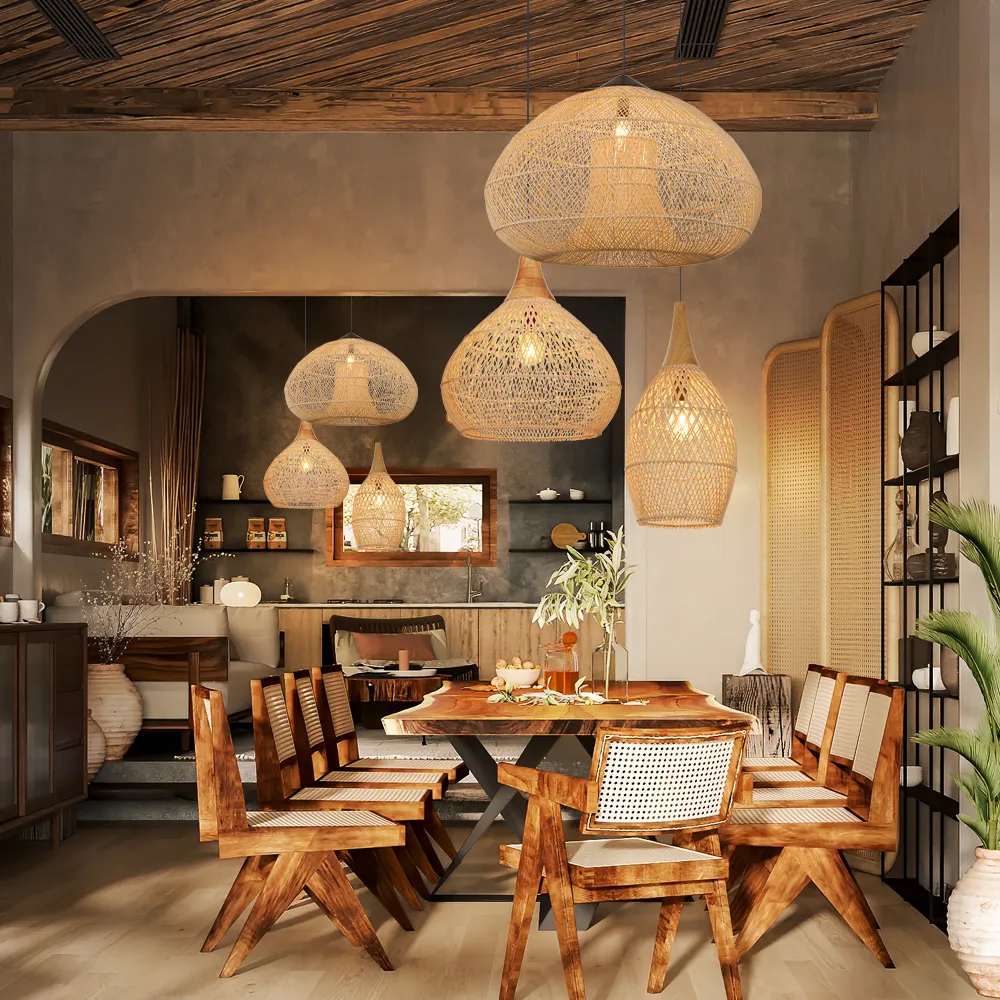 Wabi-Sabi Style Rattan Pendant Light for Living Room Round Base Three-Light Design