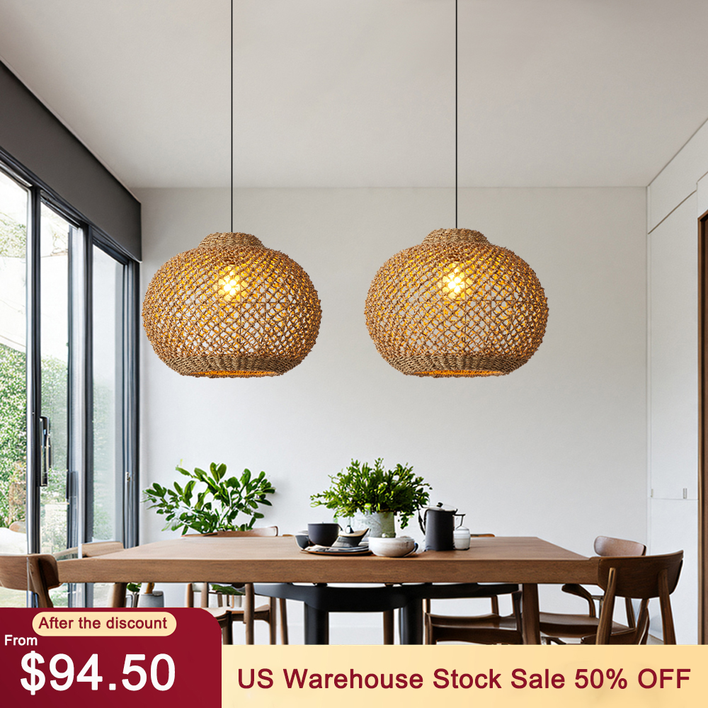 Rustic Rattan Pendant Lights Wabi-sabi Dining Room Chandelier