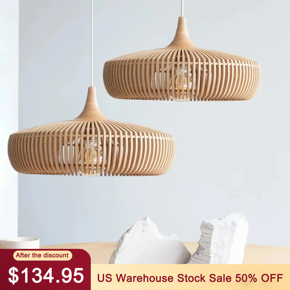 Retro Natural Wood Pendant Light Lampshade For Dining Room