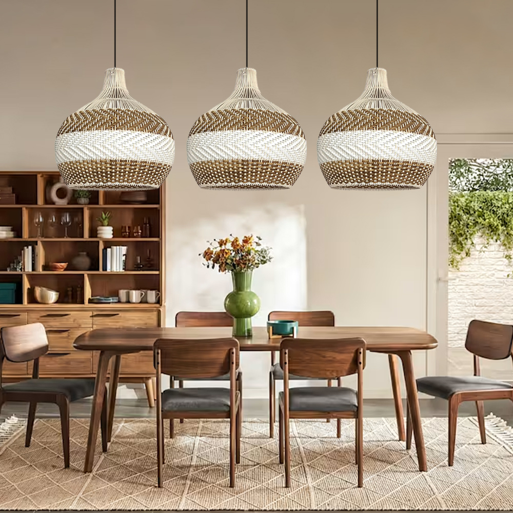 Coastal Farmhouse Dome Rattan Pendant Light Boho Basket Weaving Lighting Fixture for Dining Room