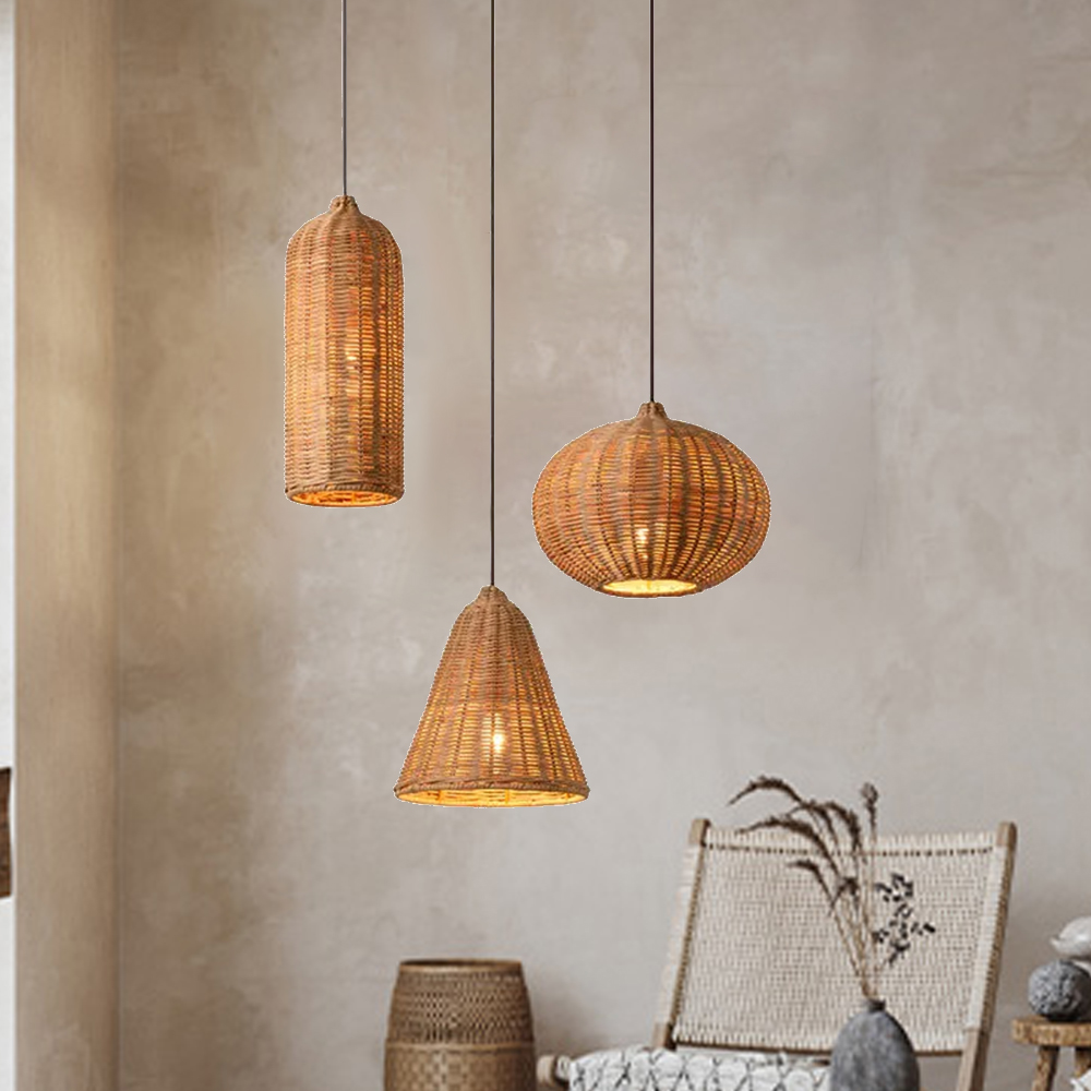 Wabi-sabi Style Creative Three-in-one Living Room Lampshade Natural Rattan Cluster Ceiling Light