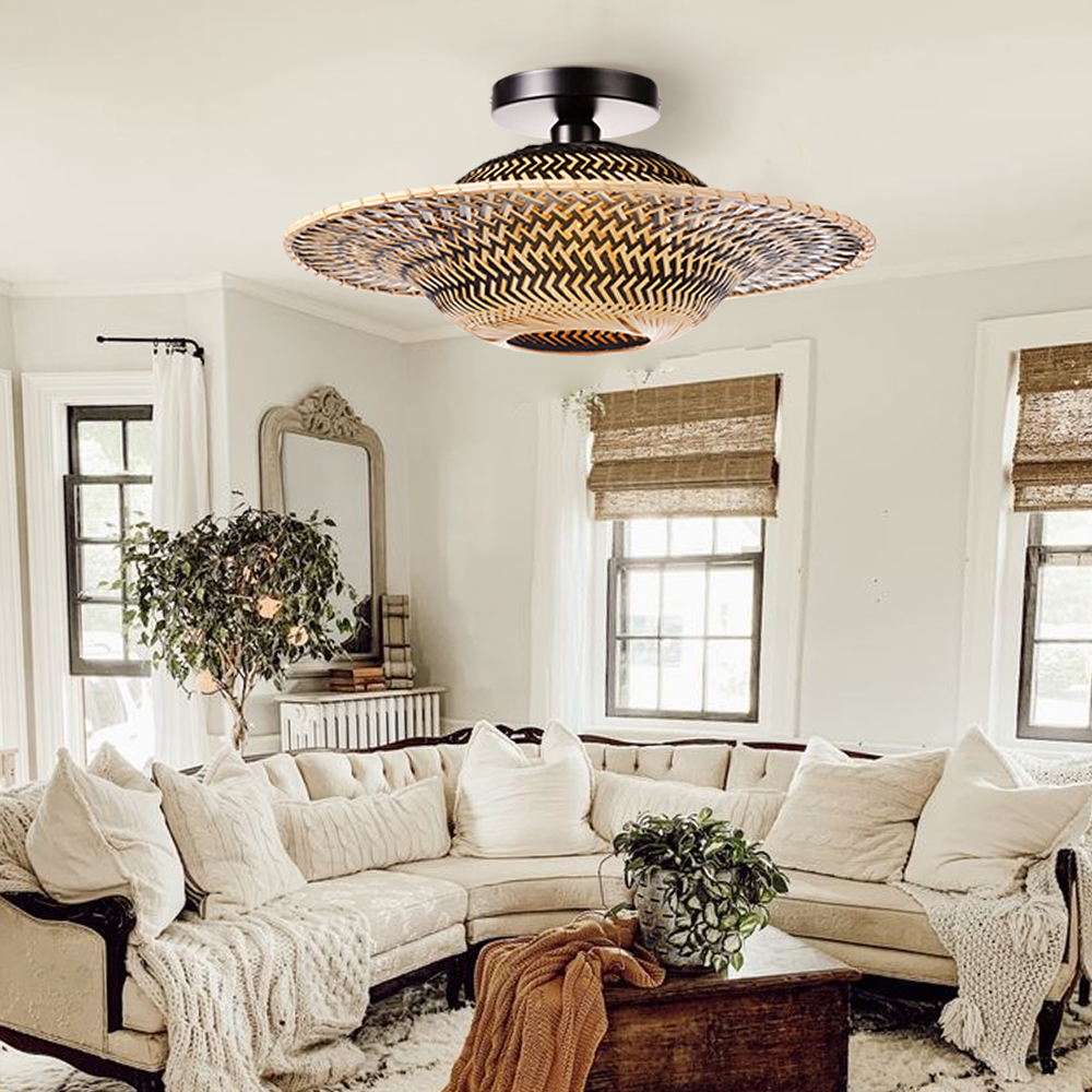 Handmade Black Bamboo Ceiling Light Flying Saucer Chandelier