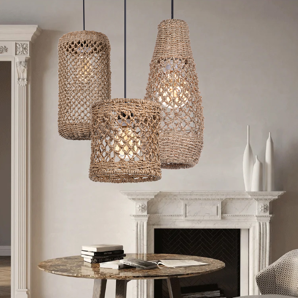 Retro Wicker Rattan Pendant Light Shade Restaurant Loft Style Grass Rattan Lamp