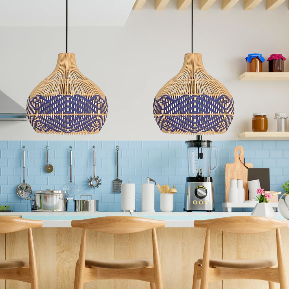 Chris Rattan Pendant Light Handmade Blue Hanging Lamp Shade