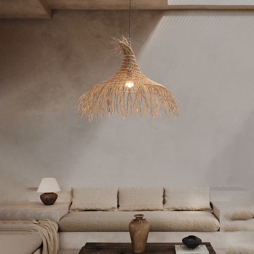 Wabi-sabi Style Chandelier Retro Japanese Zen Straw Rattan Pendant Light