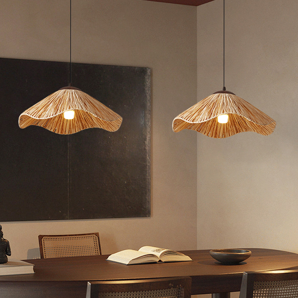 Japanese Creative Straw Hat B&B Woven Rattan Pendant Light Wabi-sabi style Hemp Rope Lamp Shade
