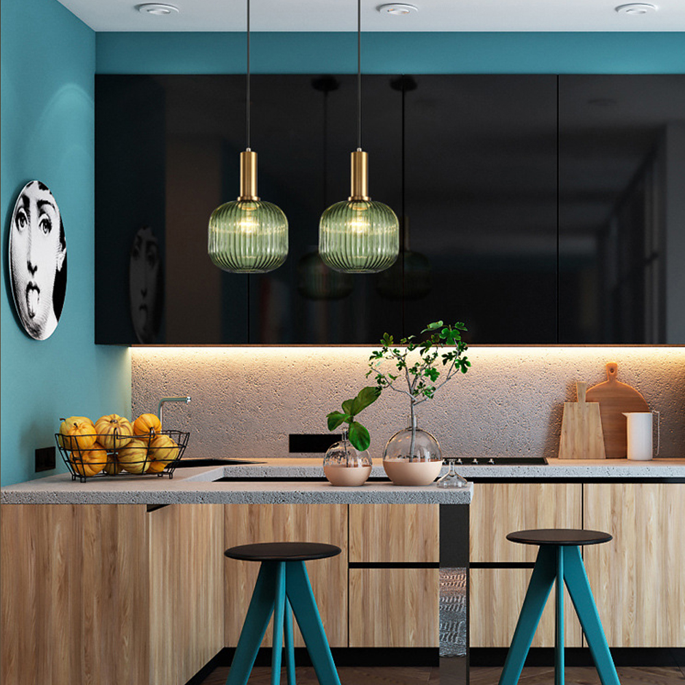 Dark Green Small Glass Pendant Light Kitchen Island Restaurant Retro Chandelier American Home Lighting