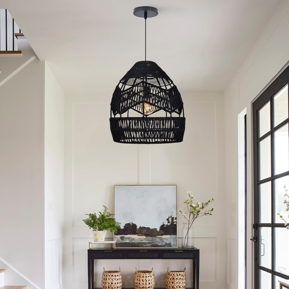 Boho Kitchen Island Black Pendant Light Handwoven Rope Hanging Lamp Shade