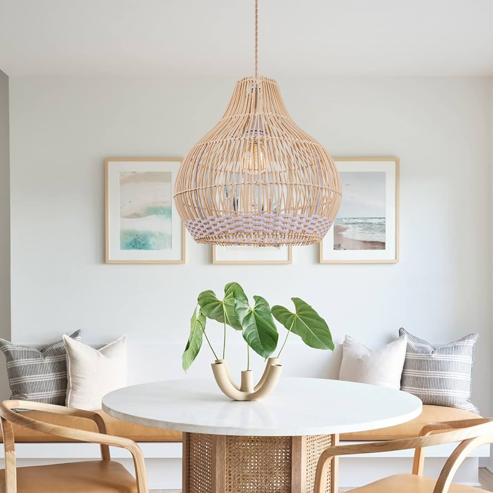 Boho Kitchen Island Rattan Pendant Light Dining Room 2 Lamps Hanging Lamp Fixture