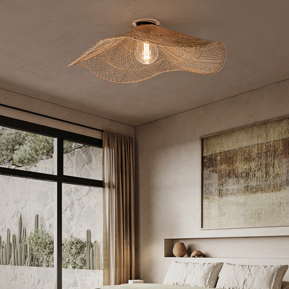 Handwoven Straw Hat Restaurant Pendant Light Wabi-sabi Style Rattan Chandelier