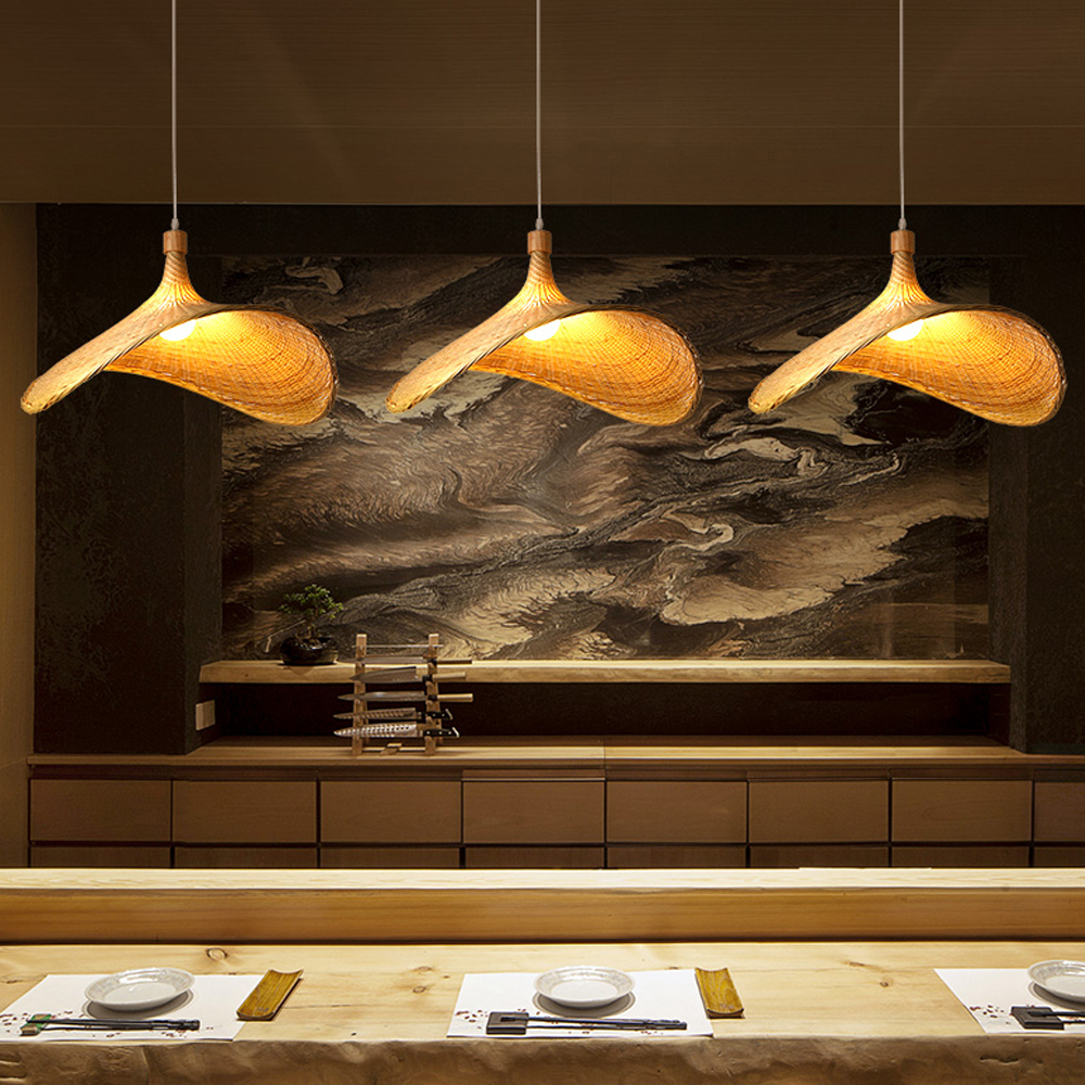 Coastal Living Room Bamboo Woven Pendant Light Japanese Homestay Straw Hat Lamp
