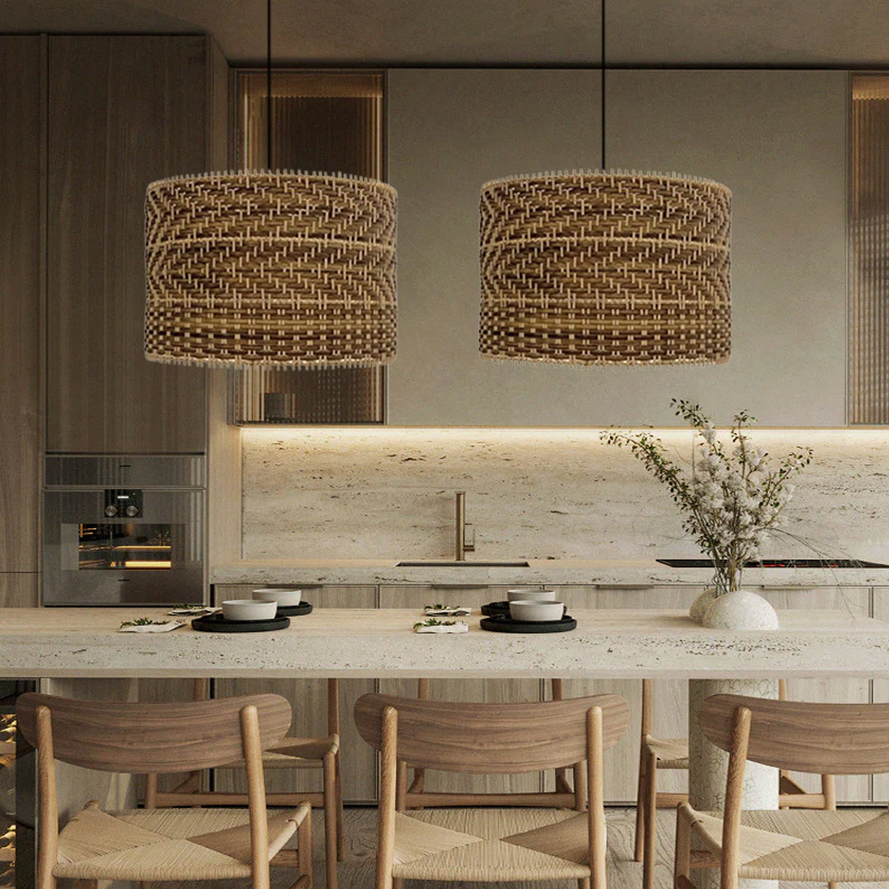 Handwoven Drum Shape Rattan Pendant Light for Kitchen Islands