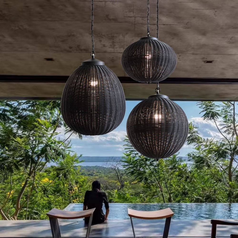 Outdoor Balcony Rattan Woven Pendant Light Waterproof Garden Lamp