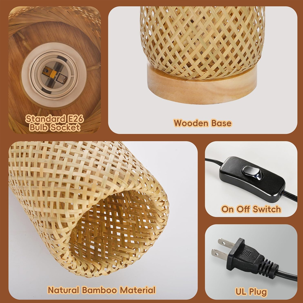 Nursery Bamboo Woven Small Bedside Lamp Boho Rattan Table Lamp for Living Room