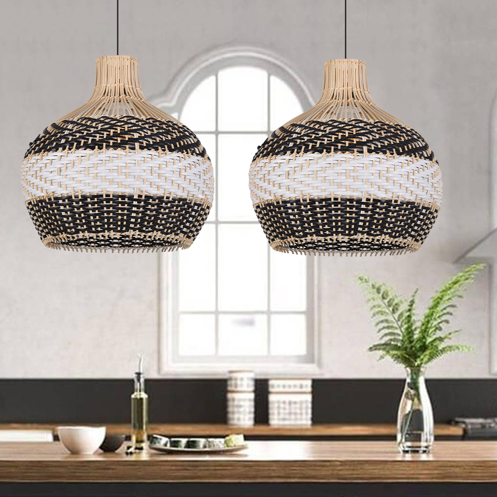 Drum-shaped Black and White Rattan Chandelier for Dining Room Kitchen Room