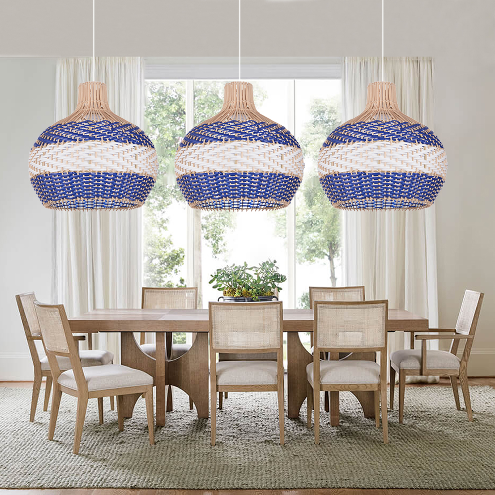 Boho Farmhouse Royal Blue Rattan Hanging Light  for Dining Room