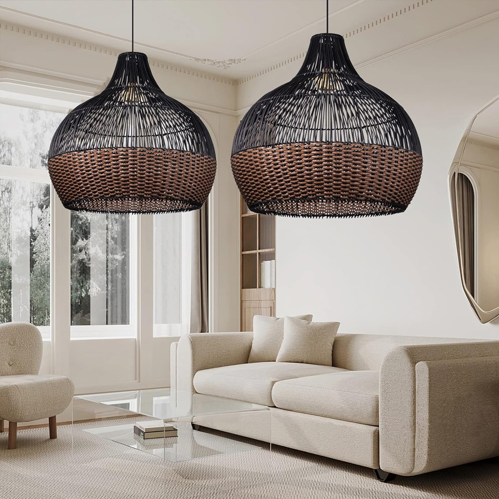 Modern Black Rattan Pendant Light Fixtures Living Room Basket Lighting Chandelier