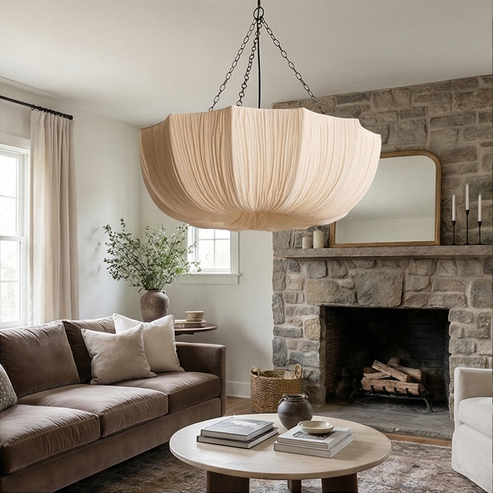 French Vintage Fabric Pendant Light Wabi-sabi Dining Room Decorative Lamps