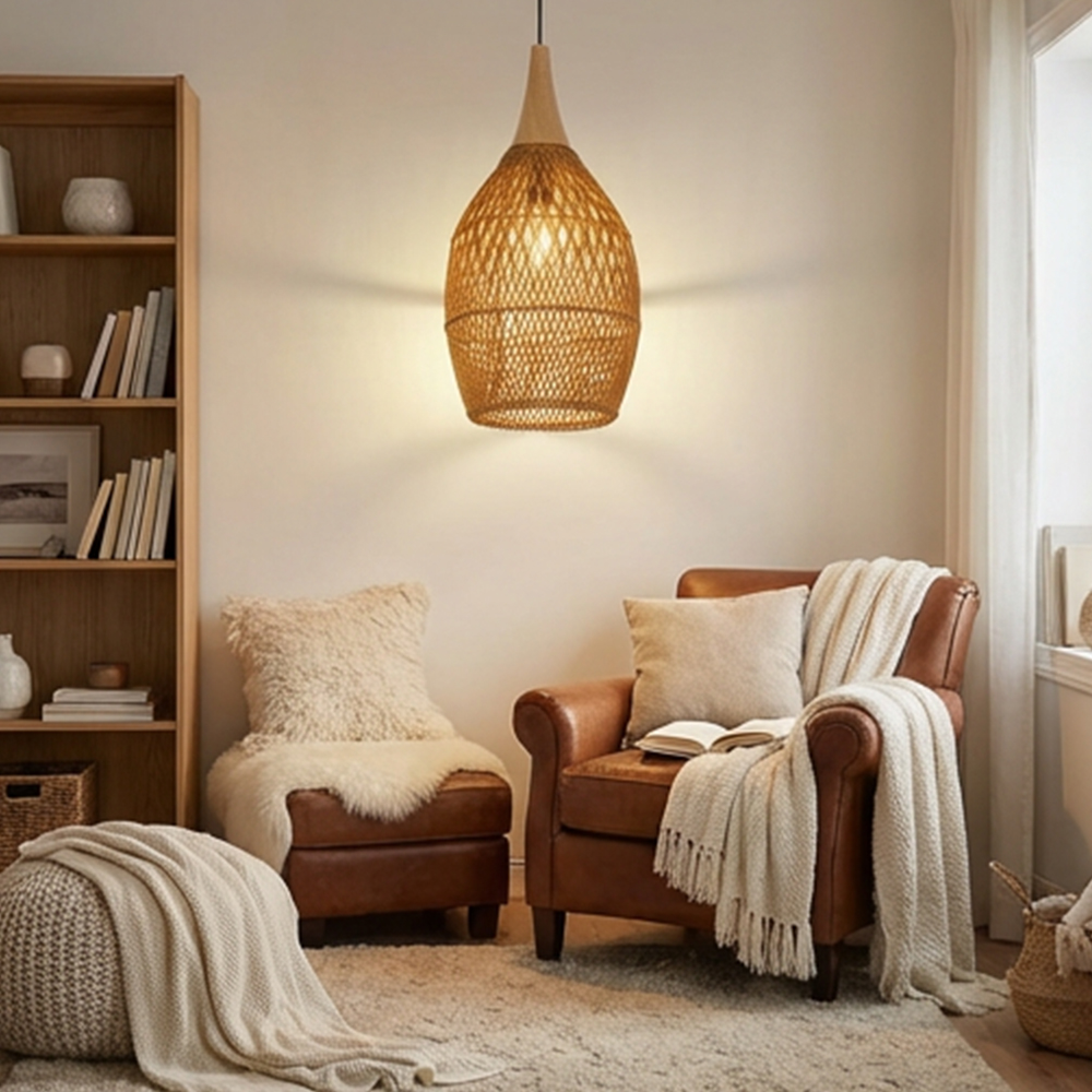 Handmade Rattan Pendant Light Natural Wicker Lampshade for Kitchen Dining Living Room