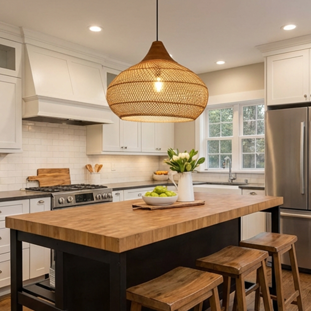 Modern Woven Rattan Hanging Lighting Fixture for Kitchen Island