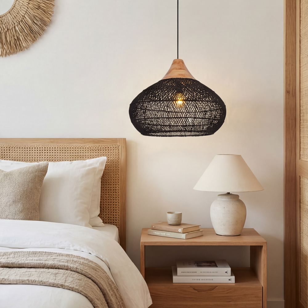 Black Rattan Ceiling Pendant Lighting Natural Texture Lights