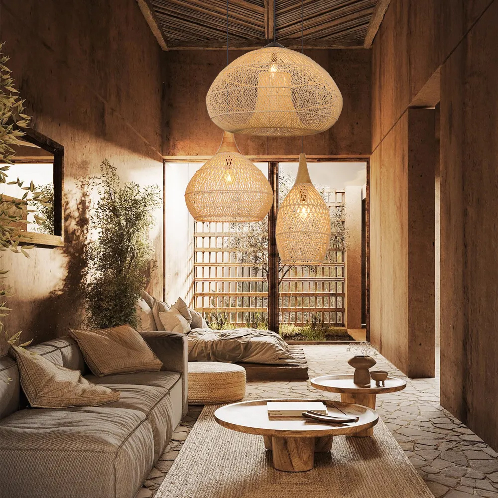Wabi-Sabi Style Rattan Pendant Light for Living Room Round Base Three-Light Design