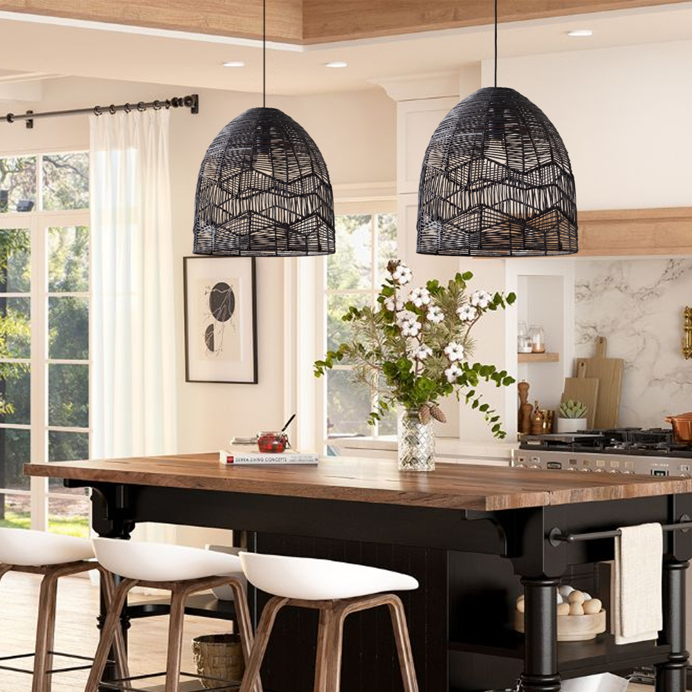 Organic Black Rattan Chandelier Farmhouse Rustic Zen Hanging Lighting