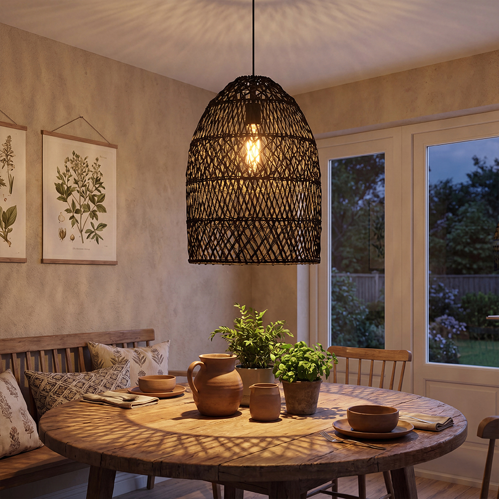 Intricate Black Rattan Lattice Light Artistic Hanging Shade for Dining Room