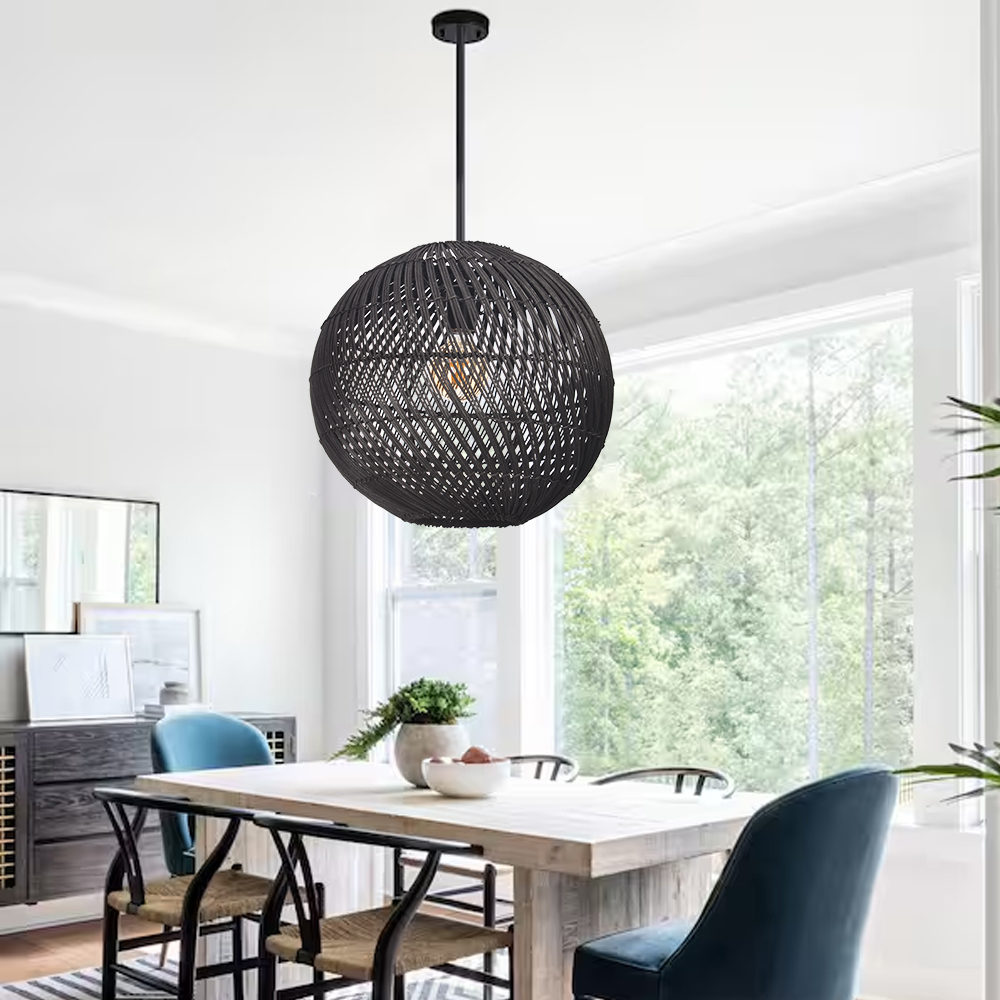 Kitchen Island Spherical Black Rattan Lighting Fixture High-Quality Indoor Wicker Lamp