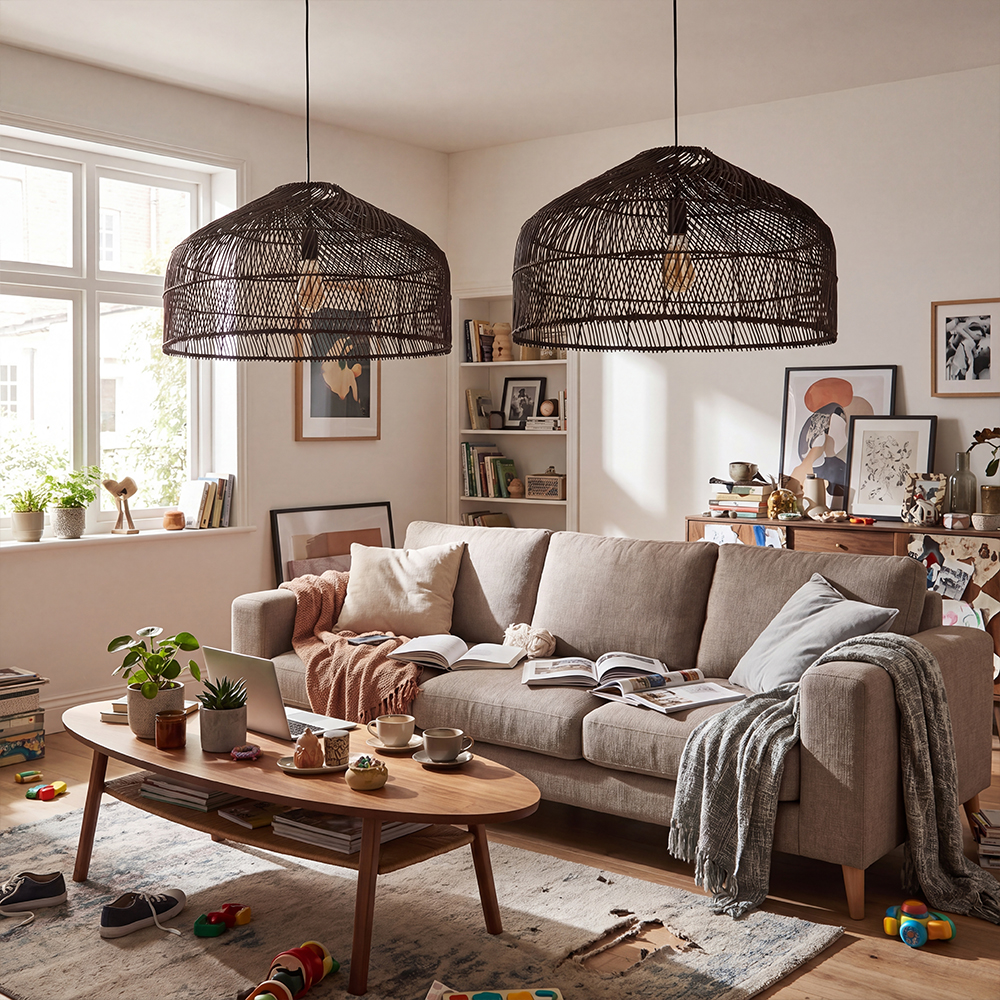 Hand Weave Matte Black Rattan Chandelier Light Easy Install Pendant