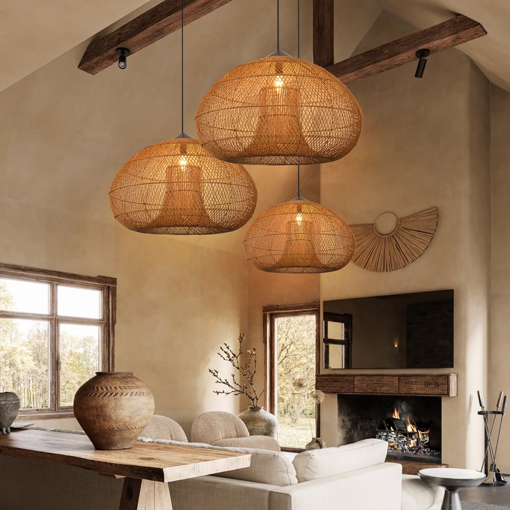 Wabi Sabi Style Retro Dining Room Chandelier Rattan Zen Pendant Light