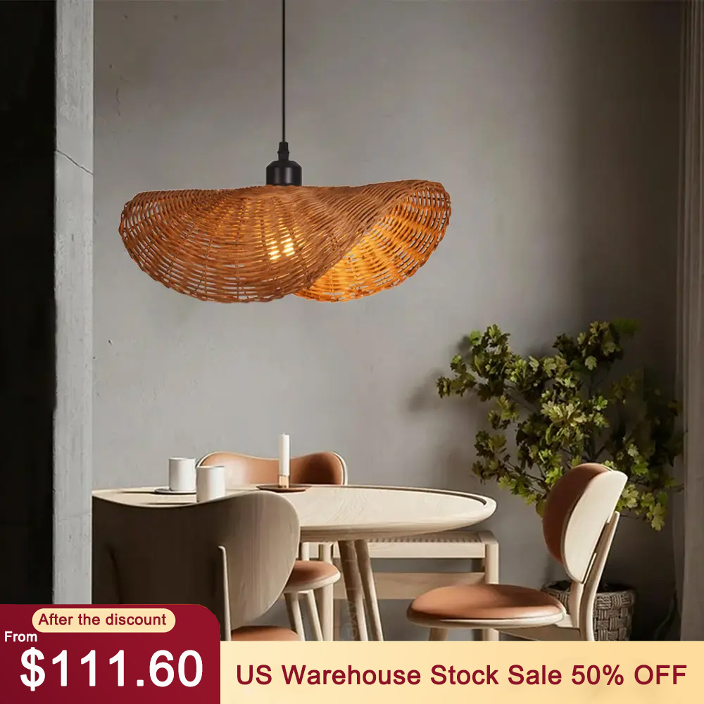 Hat-shaped Rattan Chandelier Wabi Sabi Style Dining Room Wicker Pendant Light Shade
