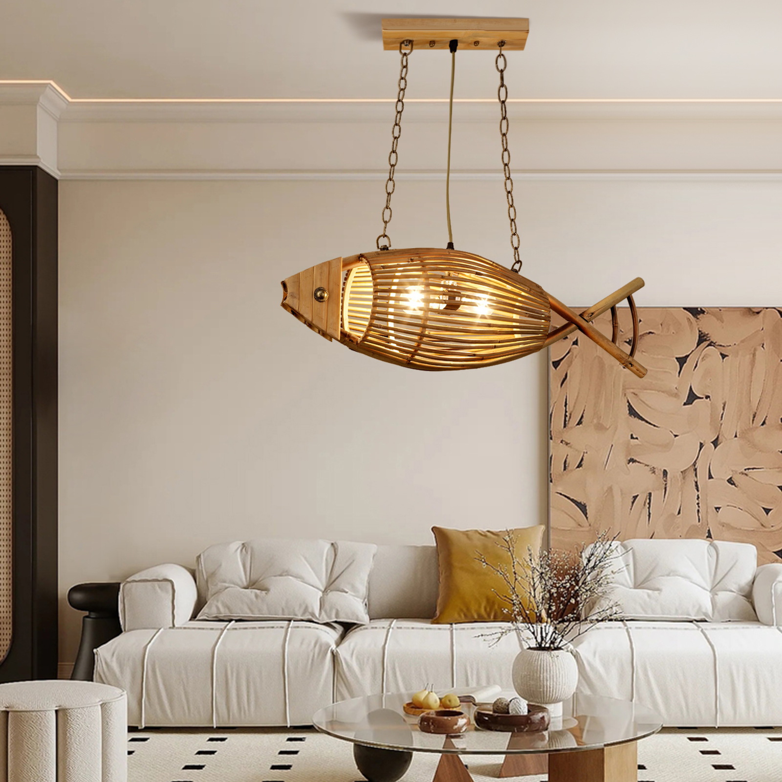 Creative Handwoven Wooden Fish Pendant Light For Living Room