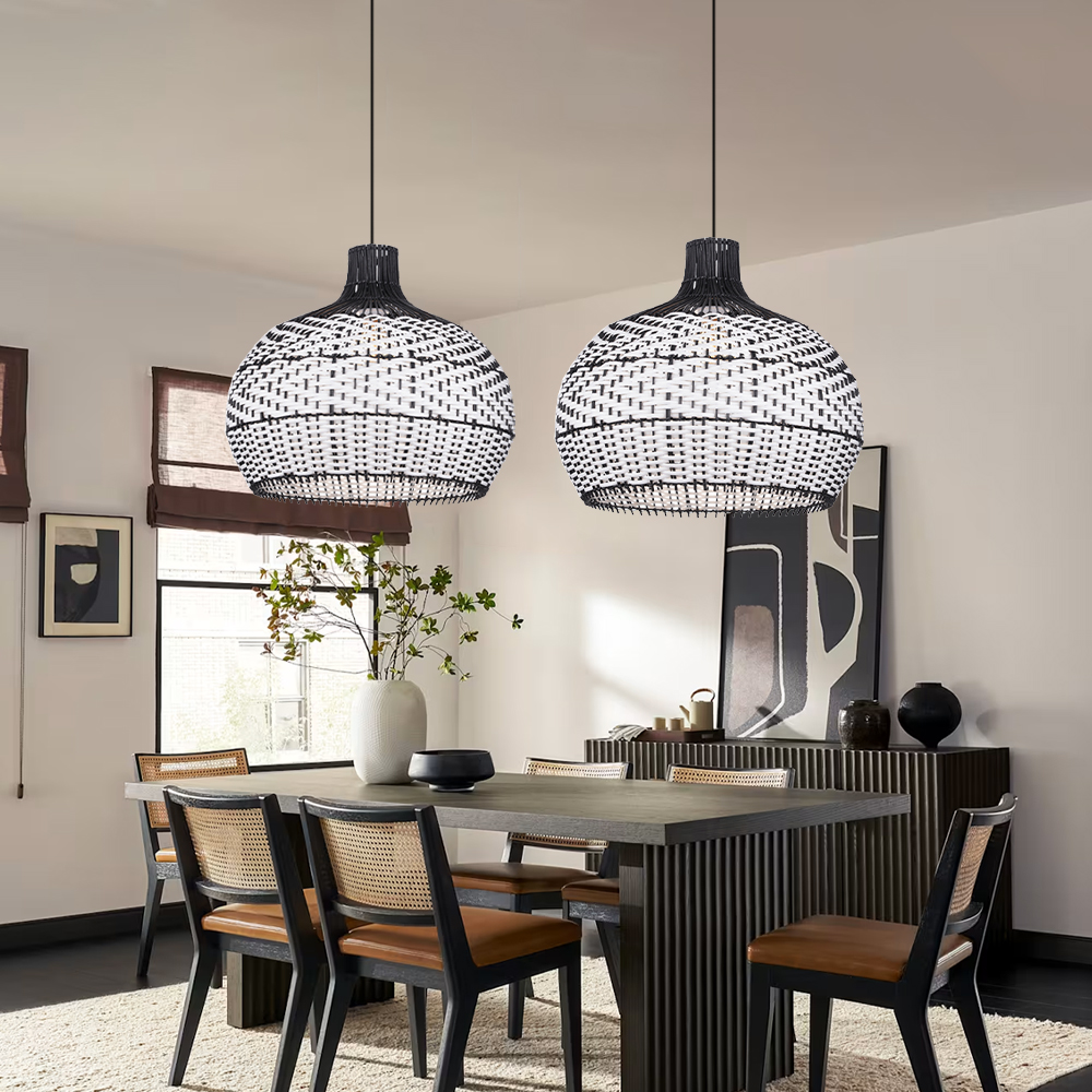 Coastal Farmhouse Dome Rattan Pendant Light Boho Basket Weaving Lighting Fixture for Dining Room