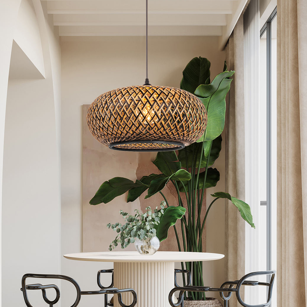 Dining Room Round Black Bamboo Pendant Chandelier Kitchen Decor Lighting