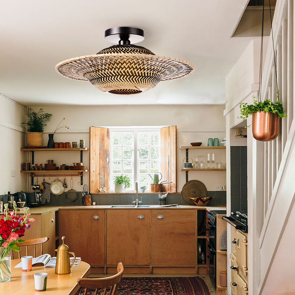 Handmade Black Bamboo Ceiling Light Flying Saucer Chandelier