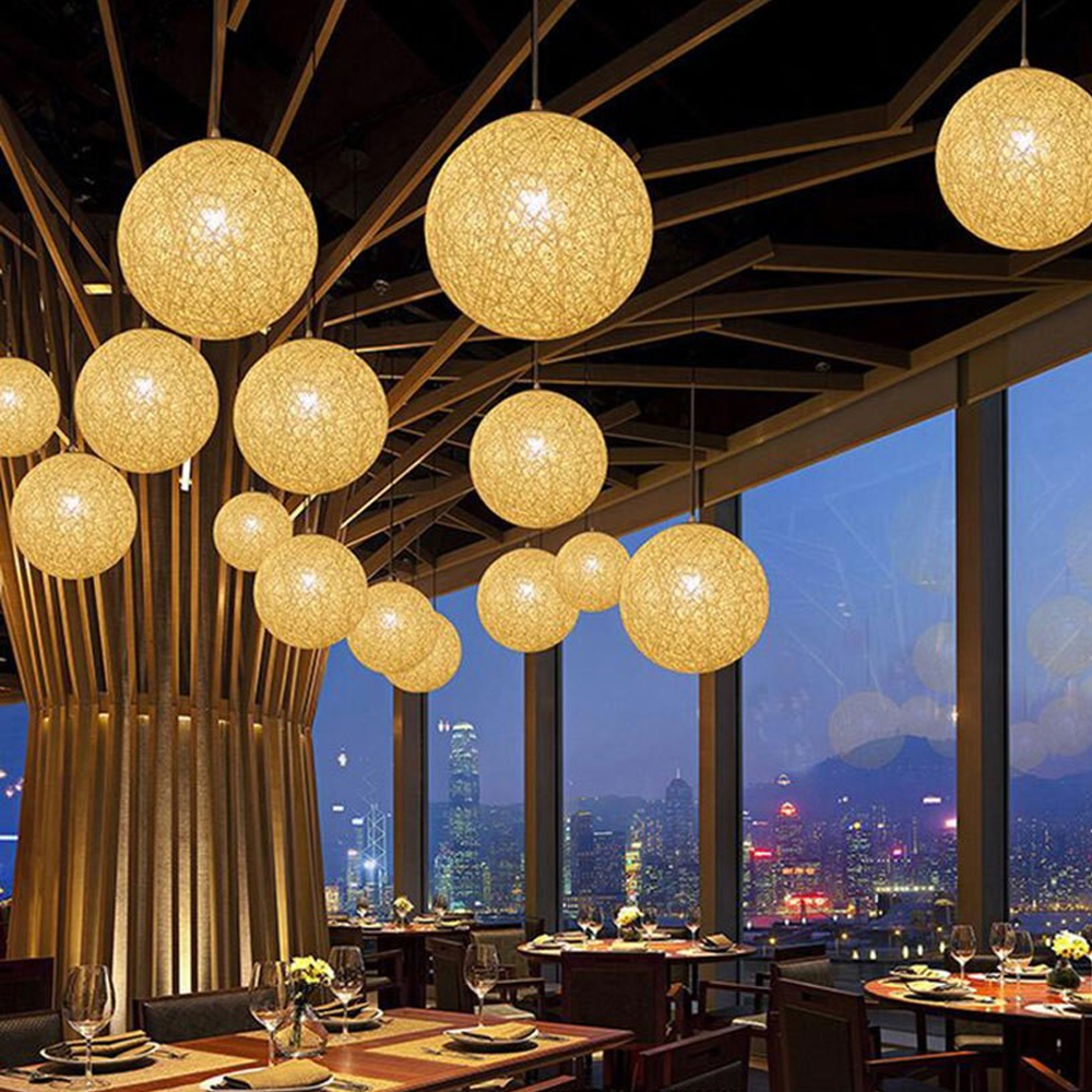 Modern Minimalist Restaurant Decor Rattan Pendant Light Hemp Rope Sphere Lighting