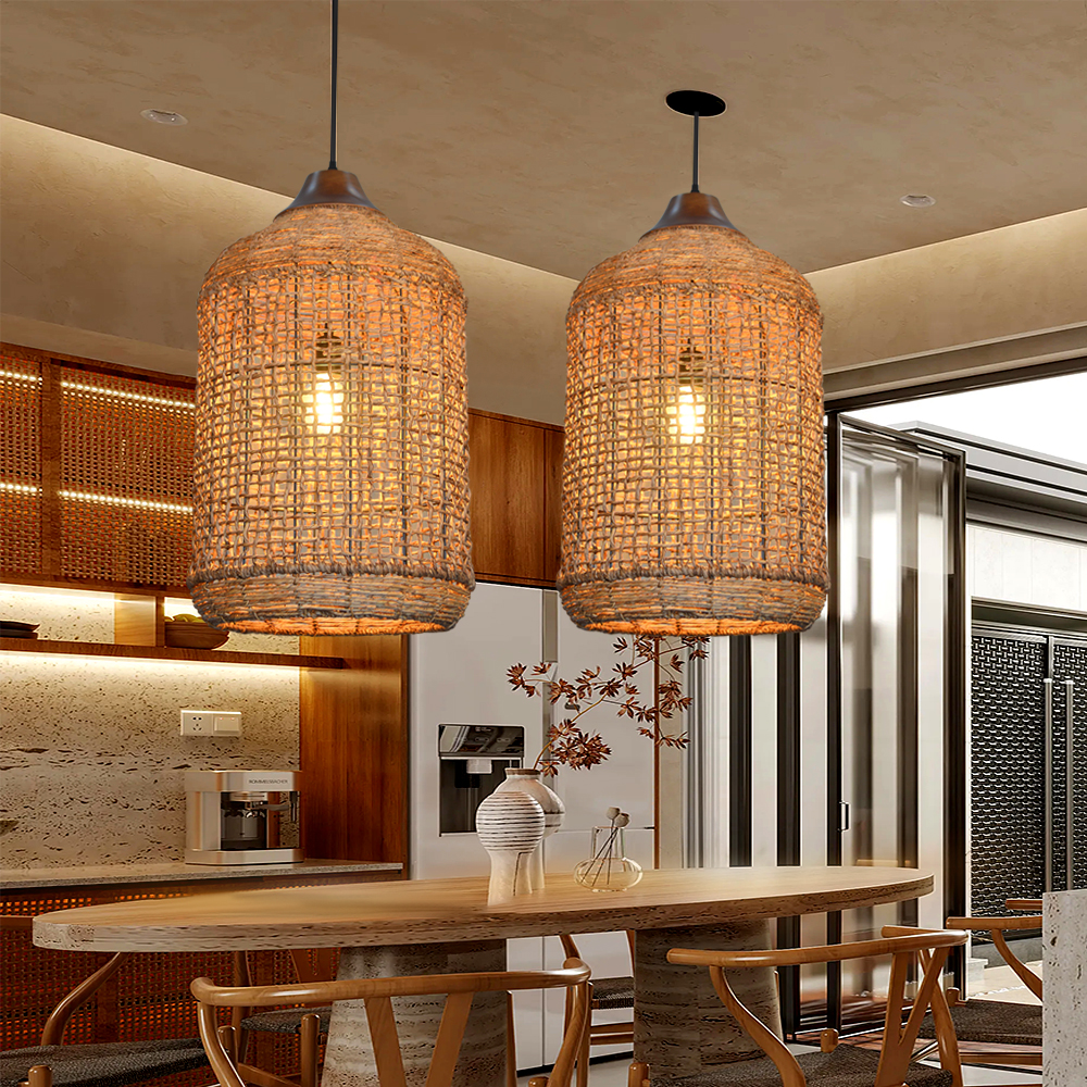 Oversize Wabi-sabi Kitchen Island Light Large Rattan Pendant Light Fixtures