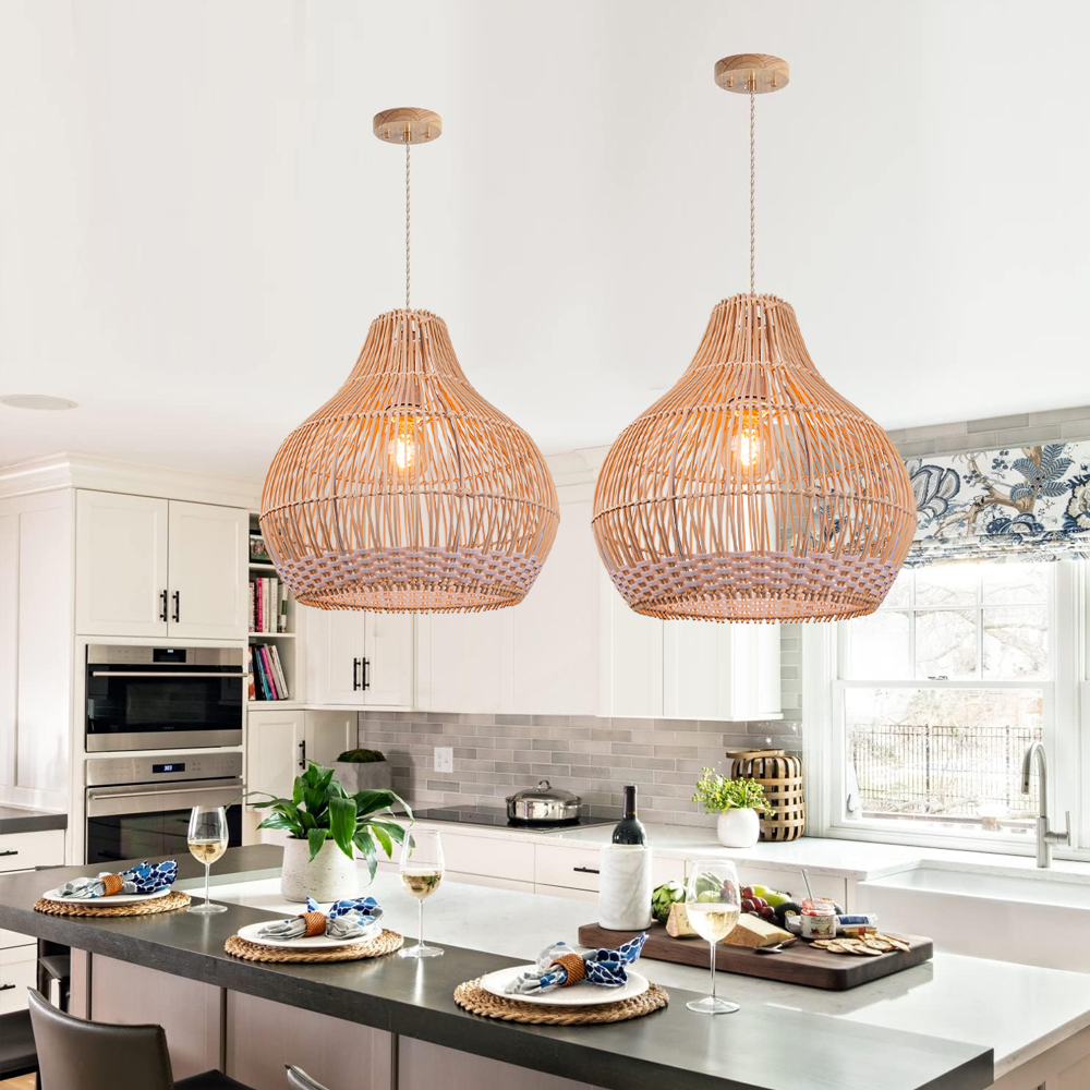 Boho Kitchen Island Rattan Pendant Light Dining Room 2 Lamps Hanging Lamp Fixture