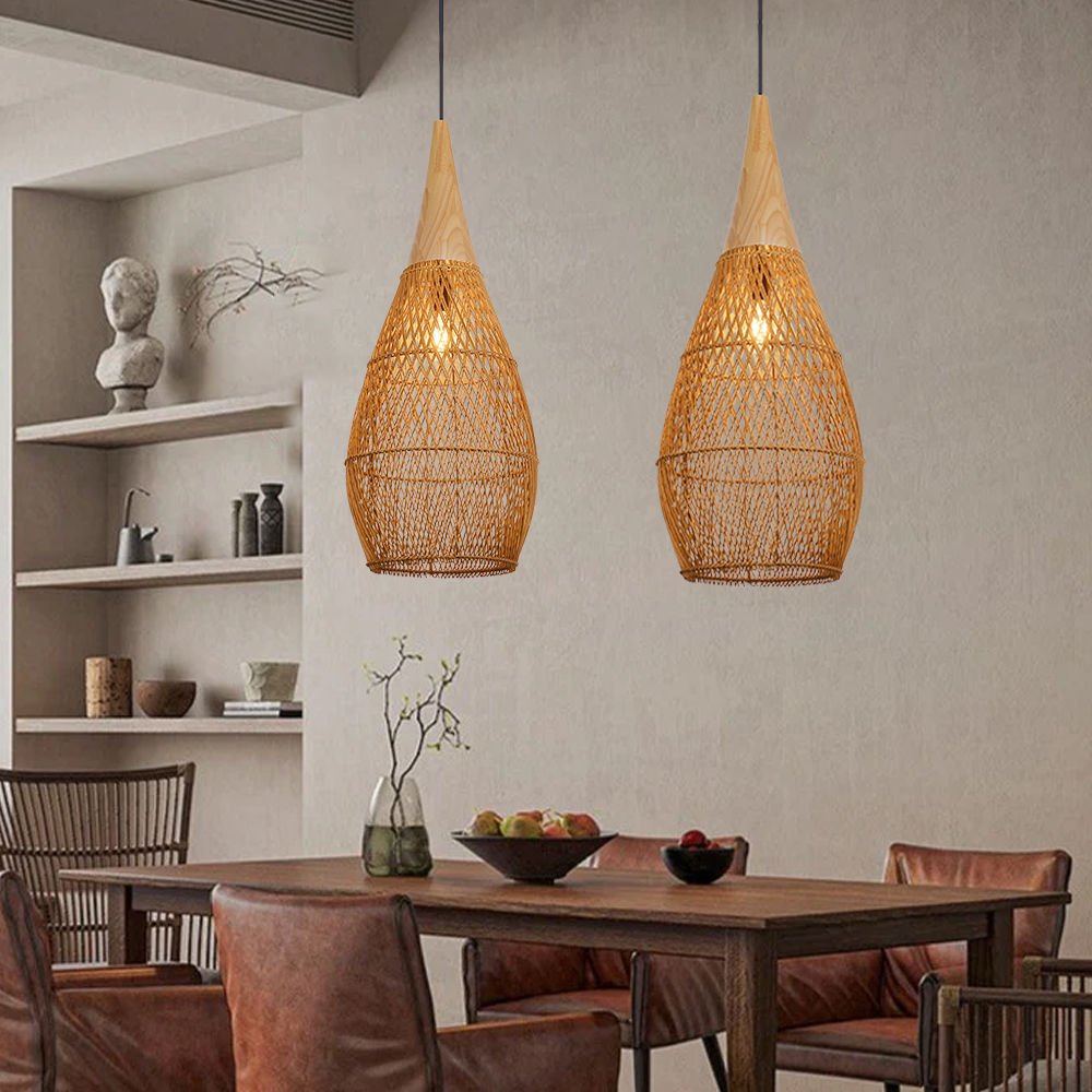 Rattan Wood Hanging Lamp Farmhouse Vintage Living Room Water Drop Chandelier