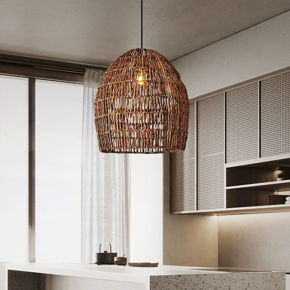 Japanese Rattan Pendant Light Kitchen Island Living Room Woven Chandelier