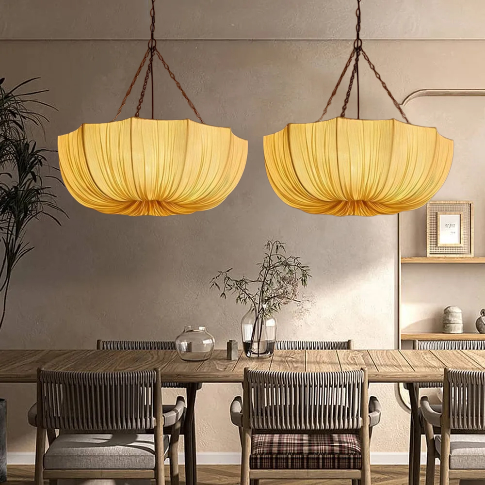 French Vintage Fabric Pendant Light Wabi-sabi Dining Room Decorative Lamps