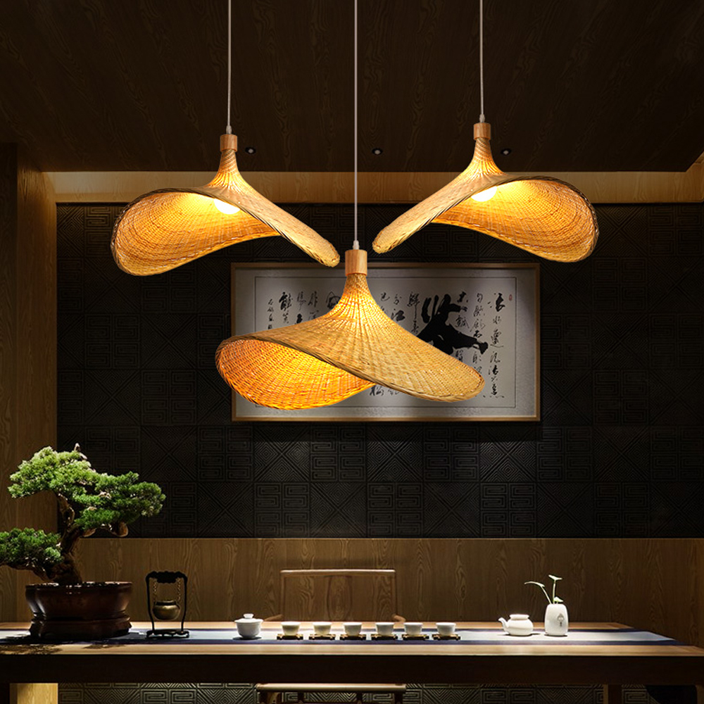 Coastal Living Room Bamboo Woven Pendant Light Japanese Homestay Straw Hat Lamp
