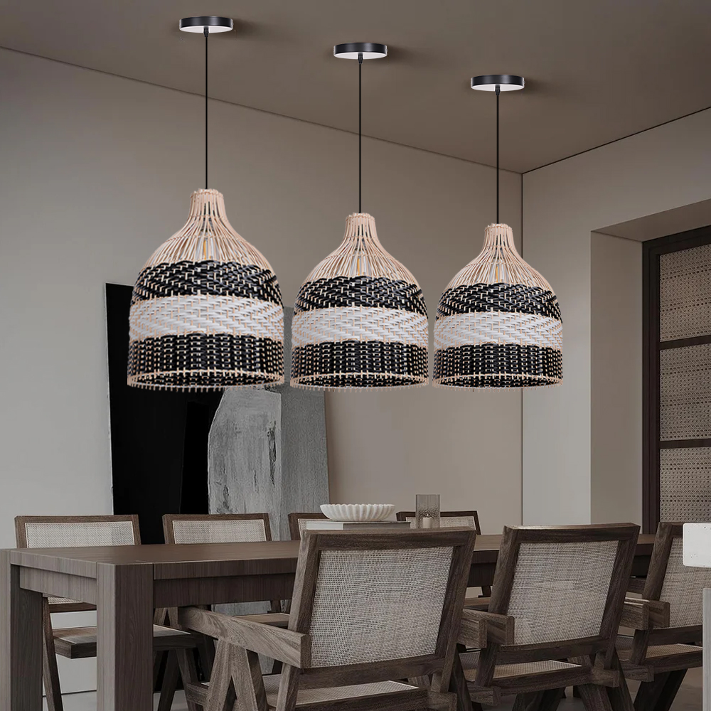 Popular Kitchen Island Decor Pendant Lamp Black White Rattan Lampshade