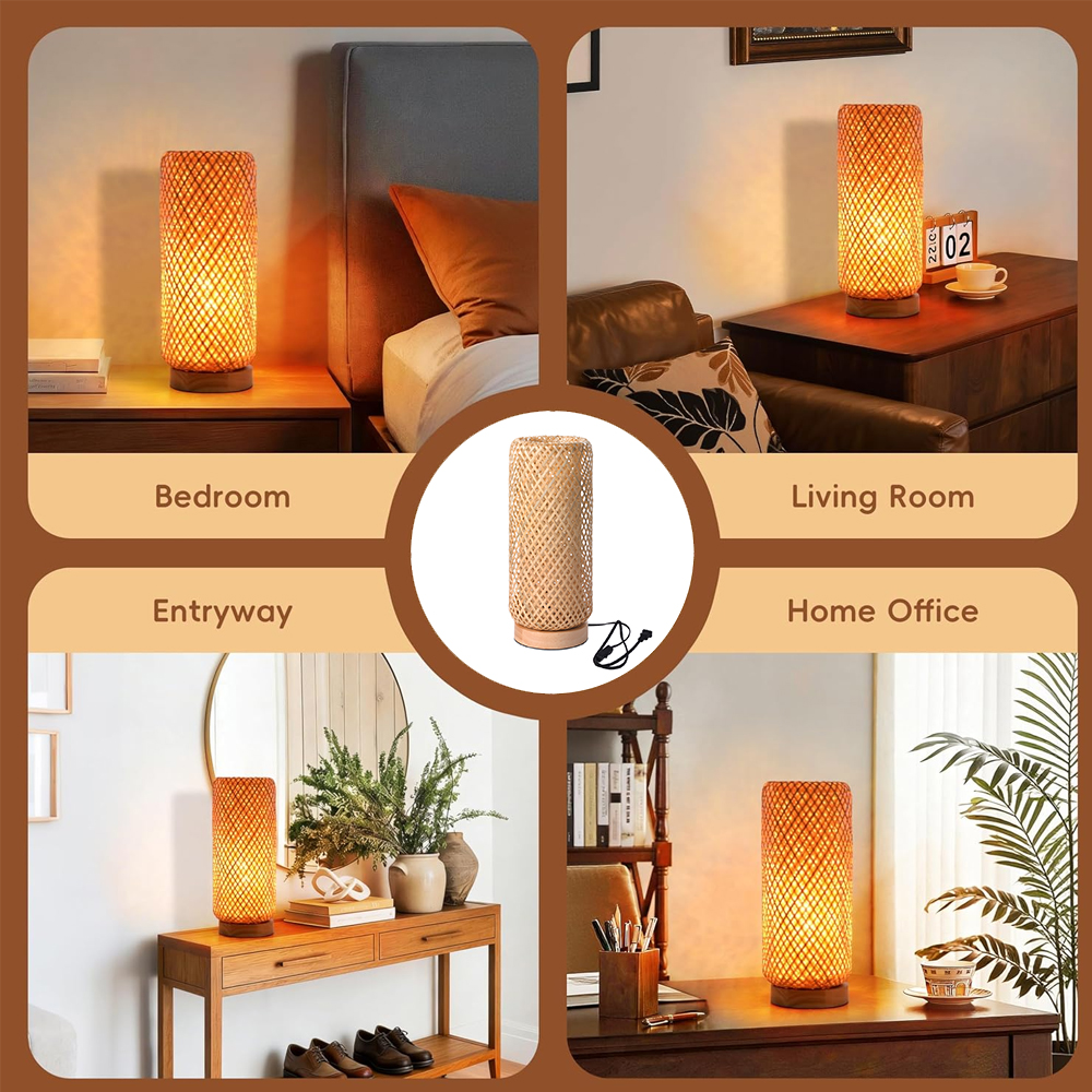 Nursery Bamboo Woven Small Bedside Lamp Boho Rattan Table Lamp for Living Room
