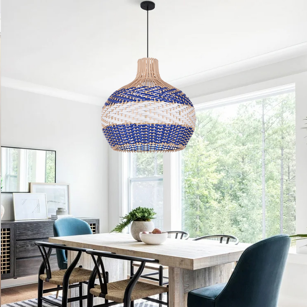 Boho Farmhouse Royal Blue Rattan Hanging Light  for Dining Room