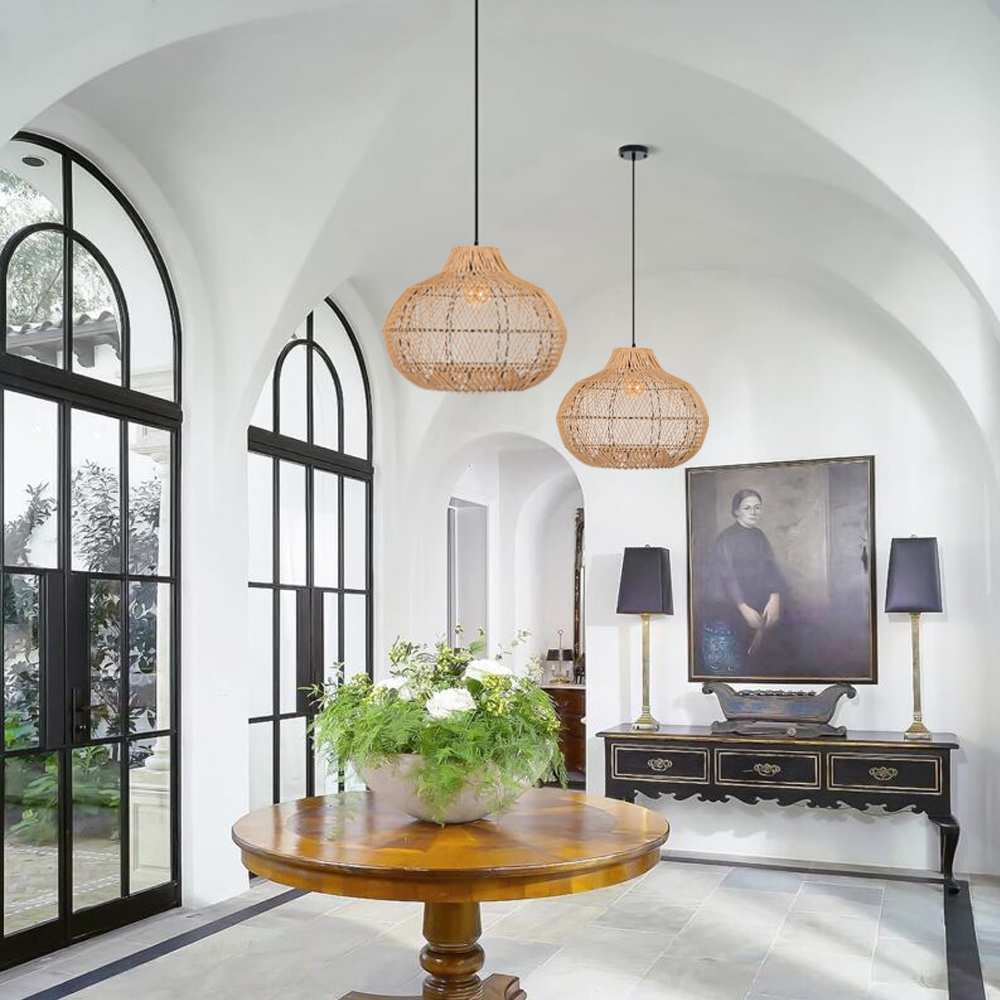 Modern Rattan Wicker Chandelier Adjustable E26 Hanging Lamp for Living Room Dining Room