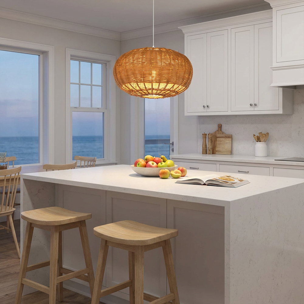 Wabisabi Dining Room Rattan Pendant Lights with White Hardwired