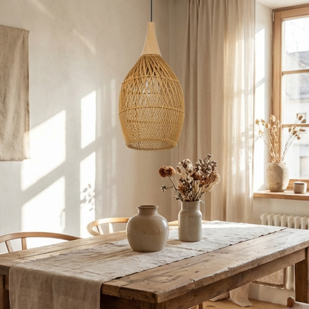 Handmade Rattan Pendant Light Natural Wicker Lampshade for Kitchen Dining Living Room