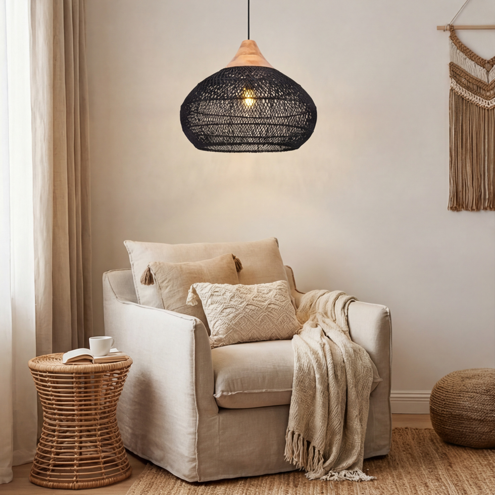 Black Rattan Ceiling Pendant Lighting Natural Texture Lights